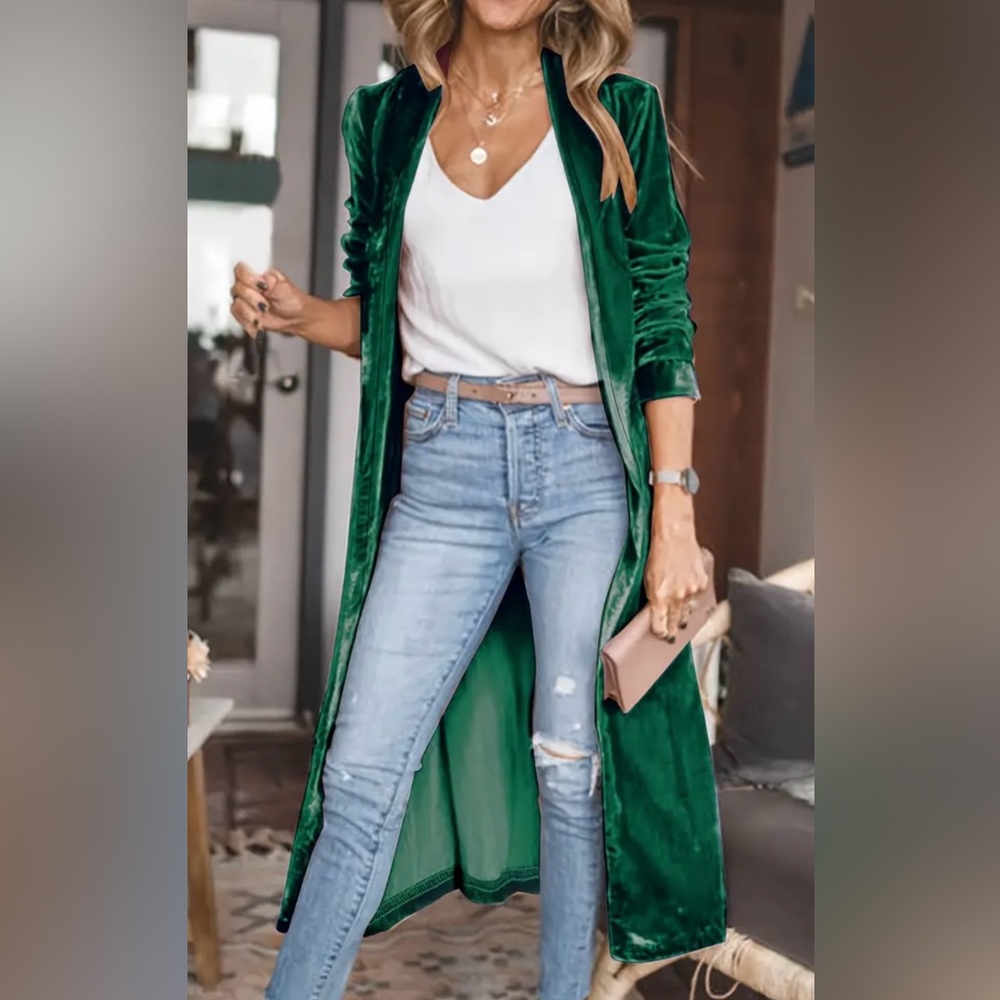 Green velvet open front duster size M